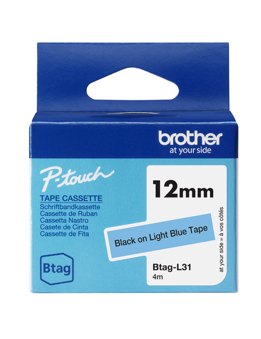 Btag Label Tapes 12 mm Black on Light Blue tape