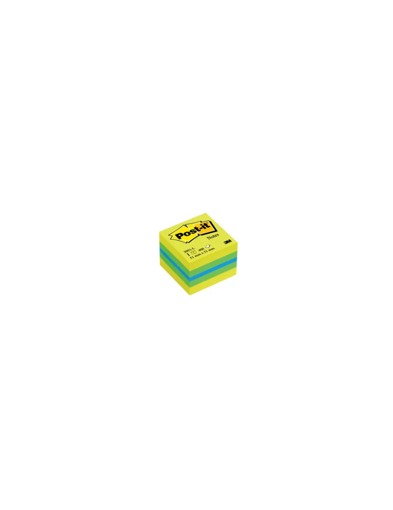 Notes Post-it® - Mini Cube - Jaune Néon, Vert, Bleu - 51 x 51 mm - 400