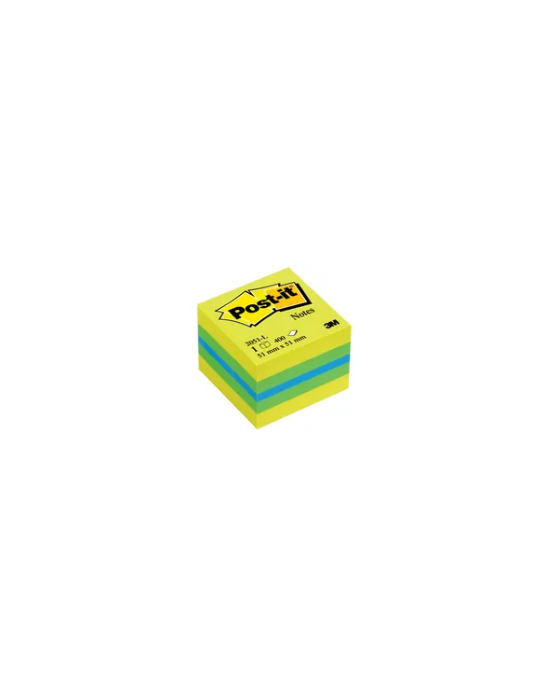 Notes Post-it® - Mini Cube - Jaune Néon, Vert, Bleu - 51 x 51 mm - 400