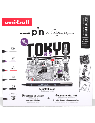 COFFRET UNI PIN TOKYO 6 feutres + 4 cartes créatives
