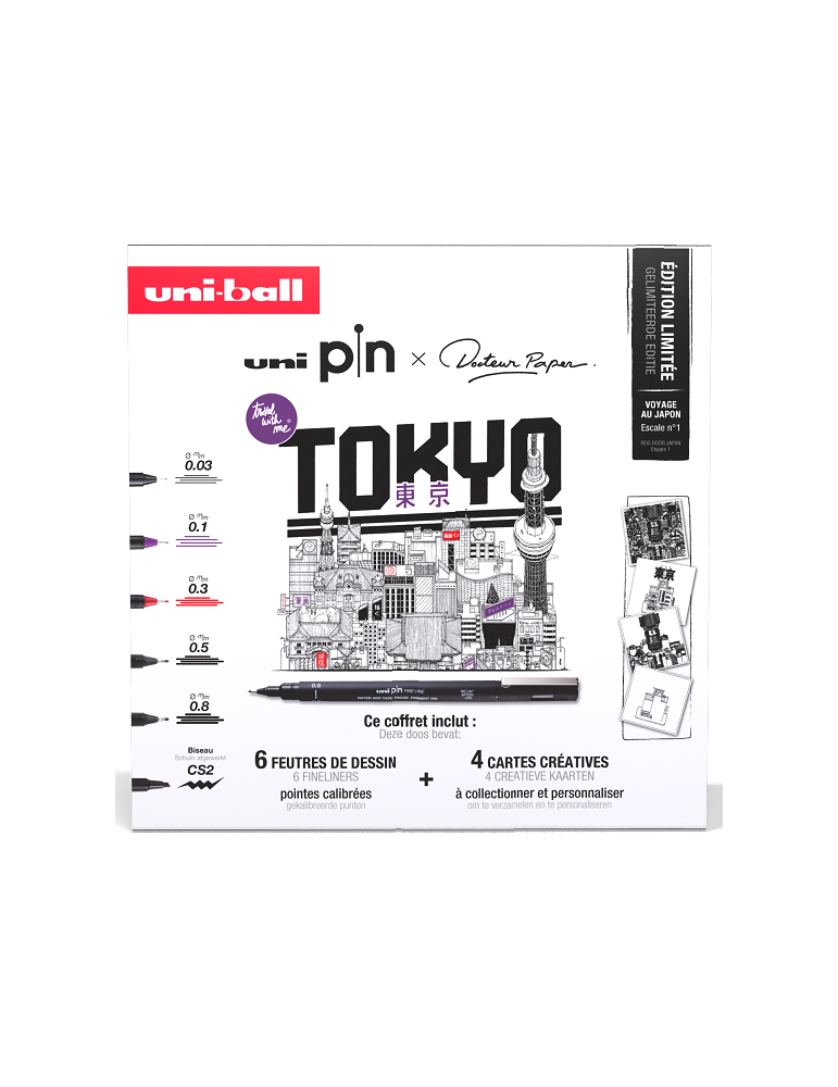 COFFRET UNI PIN TOKYO 6 feutres + 4 cartes créatives