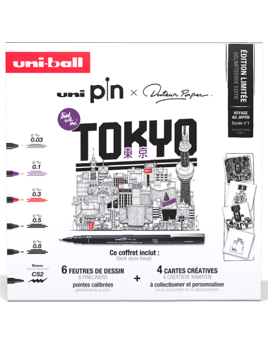 COFFRET UNI PIN TOKYO 6 feutres + 4 cartes créatives