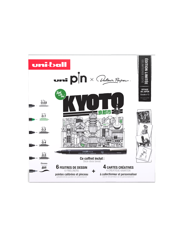 COFFRET UNI PIN KIOTO 6 feutres + 4 cartes créatives