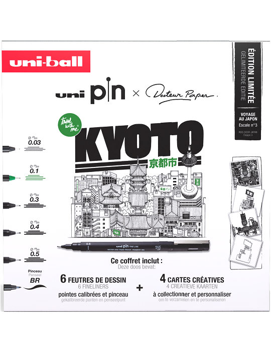 COFFRET UNI PIN KIOTO 6 feutres + 4 cartes créatives
