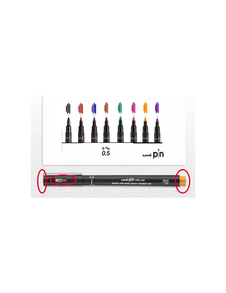 POCHETTE PF 8 FEUTRES PIN CALIBRES NOIR UNI BALL 8 PTES 0.5 N/R/B/M/V/