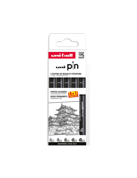 Pochette feutres Uni Pin 4 + 1 gratuit Pointes paires