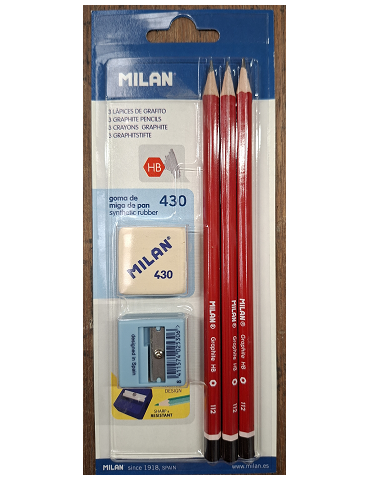 Blister pack 3 graphite pencils + Afila sharpener + synthetic rubber e