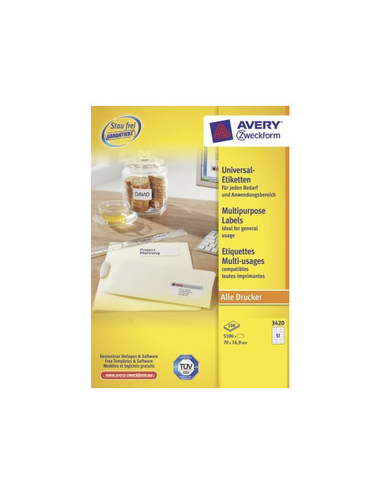 Étiquette Avery ILC 70x16,9m blanches 100 flles, 51 et. par flle