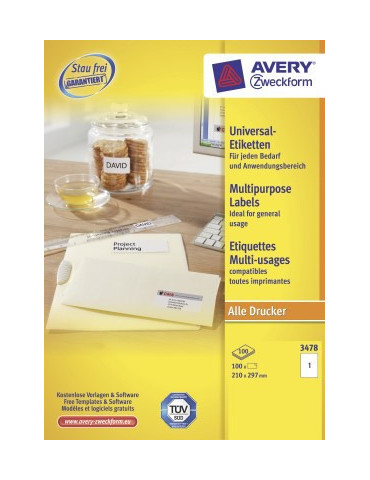 etiket Avery ILK 210x297mm 100 vel 1 etiket per vel wit