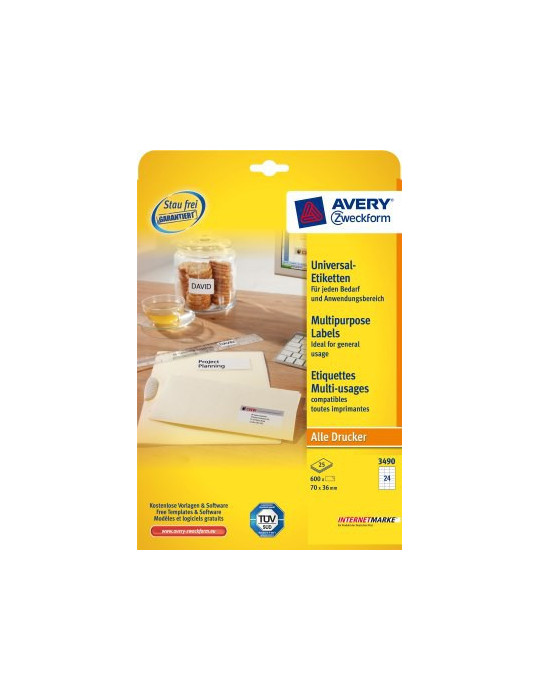 Etiket Avery ILK 70x36mm wit doos 25 vel +5 vel extra 24 etiketten per