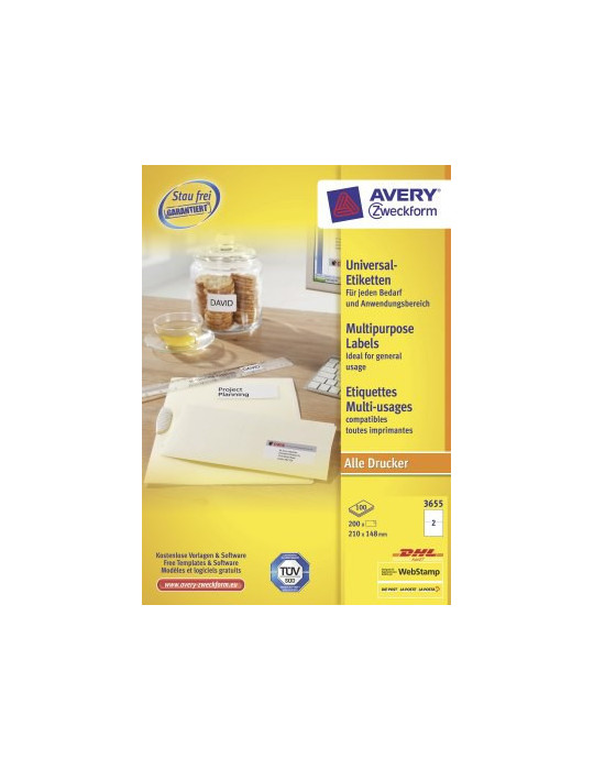 Etiquettes Avery ILC 210x148mm blanches 100 flles, 2et. par flle