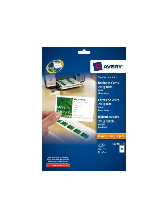 visitekaartjes Avery 85x54mm 200gr wit 10 vel 10 kaarten per vel