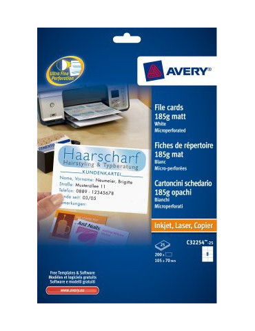 Systeemkaart Avery 105x70mm 185grs wit mat, doos 25 vel 8 kaarten per