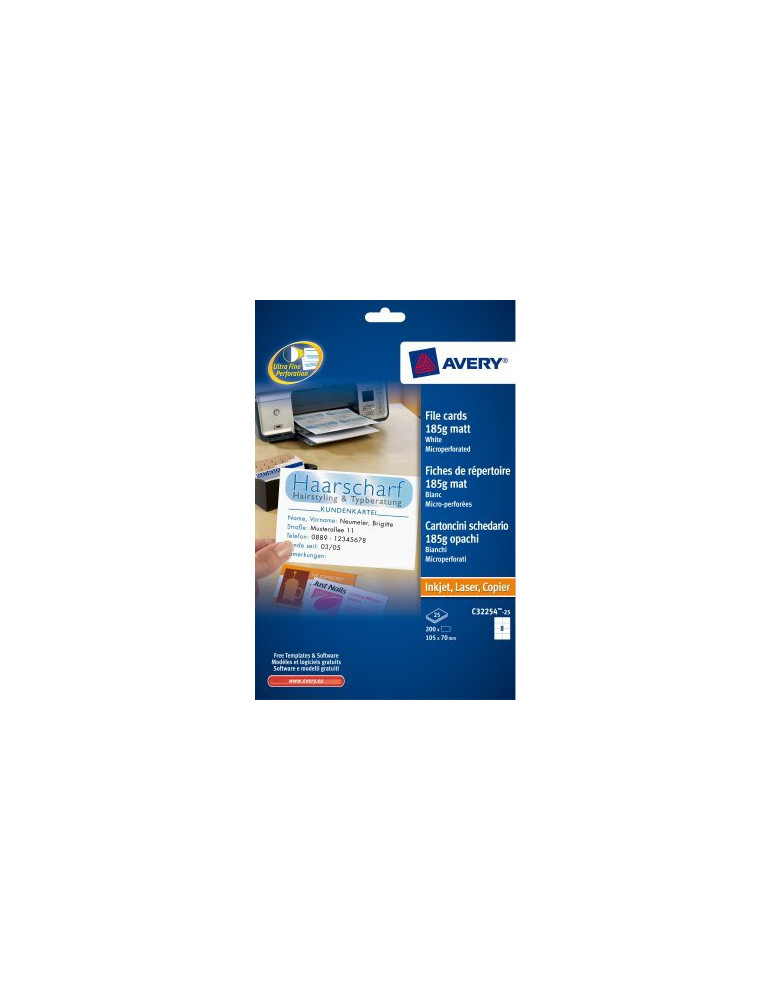 Systeemkaart Avery 105x70mm 185grs wit mat, doos 25 vel 8 kaarten per