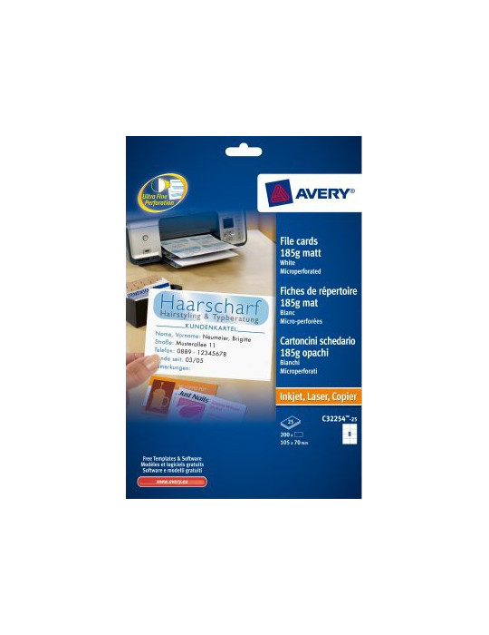 Systeemkaart Avery 105x70mm 185grs wit mat, doos 25 vel 8 kaarten per