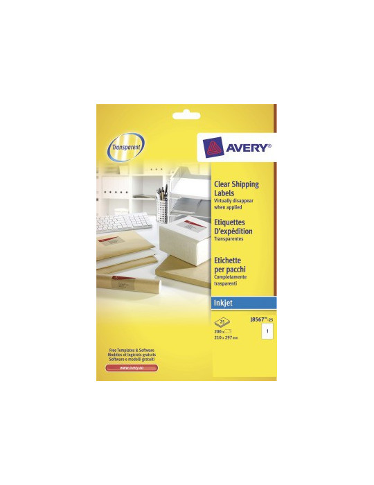adresetiket Avery 210x297mm transparant 25 vel 1 etiket per vel