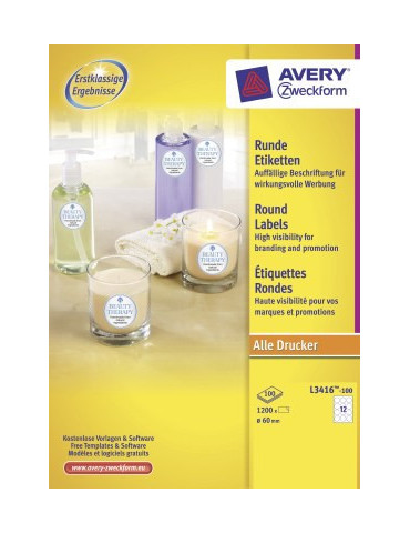 Etiket Avery 60mm rond wit doos 100 vel 12 et. per vel