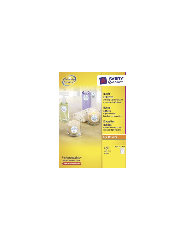 Etiket Avery 60mm rond wit doos 100 vel 12 et. per vel