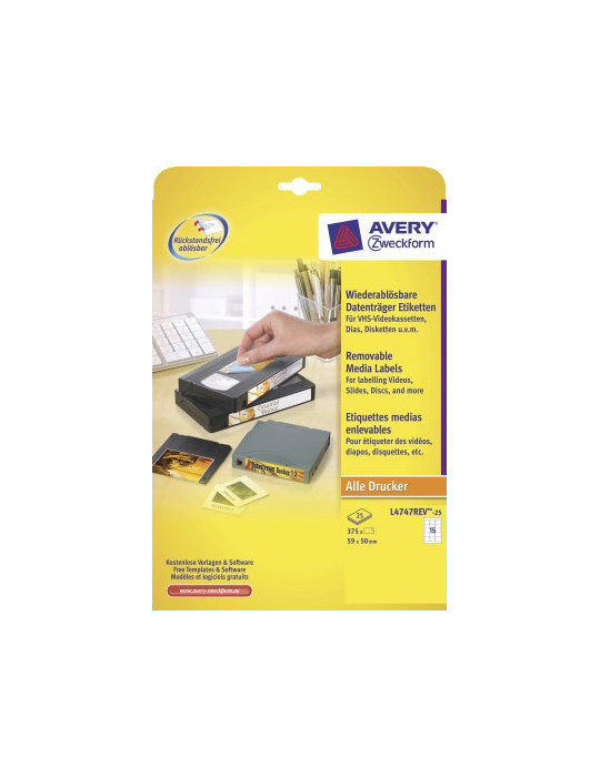 Etiquette disquette Avery 59x50mm blanche NP 25 feuilles 15 etiquettes