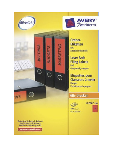 ordnerrugetiket Avery 192x61mm rood 100 vel 4 etiketten per vel