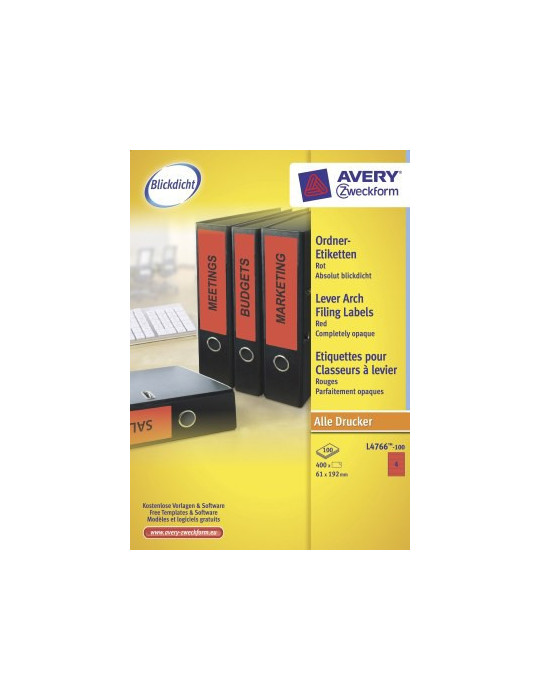 ordnerrugetiket Avery 192x61mm rood 100 vel 4 etiketten per vel