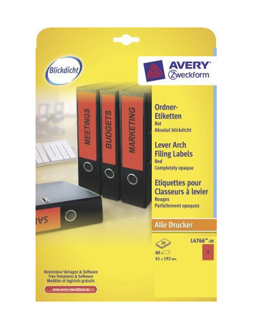 Ordnerruget. Avery 192x61mm doos 20 vel 4 et. per vel rood