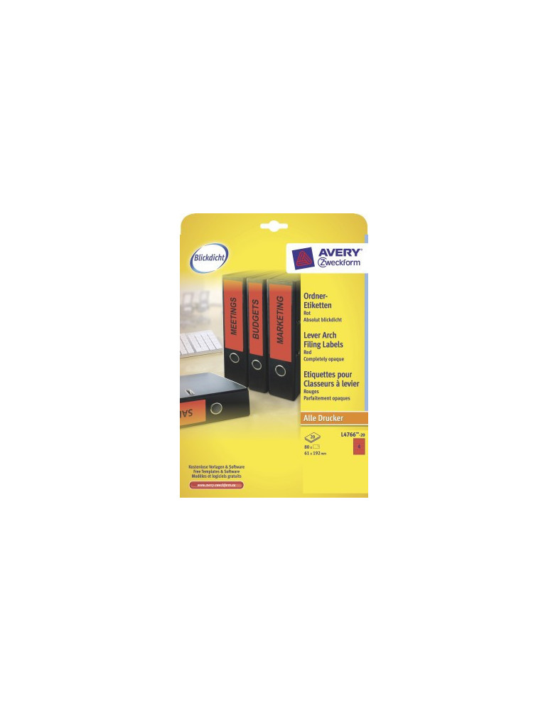 Ordnerruget. Avery 192x61mm doos 20 vel 4 et. per vel rood
