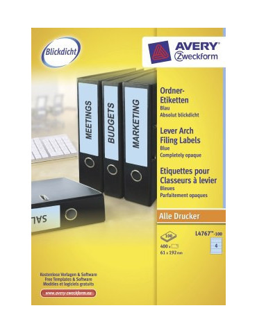 ordnerrugetiket Avery 192x61mm blauw 100 vel 4 etiketten per vel