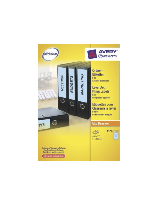 ordnerrugetiket Avery 192x61mm blauw 100 vel 4 etiketten per vel