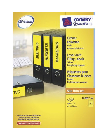 ordnerrugetiket Avery 192x61mm geel 100 vel 4 etiketten per vel