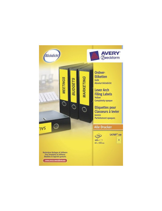 ordnerrugetiket Avery 192x61mm geel 100 vel 4 etiketten per vel