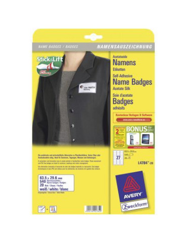 Badge etiket Avery 63,5x29,6mm wit doos 20 vel 27 et. per vel