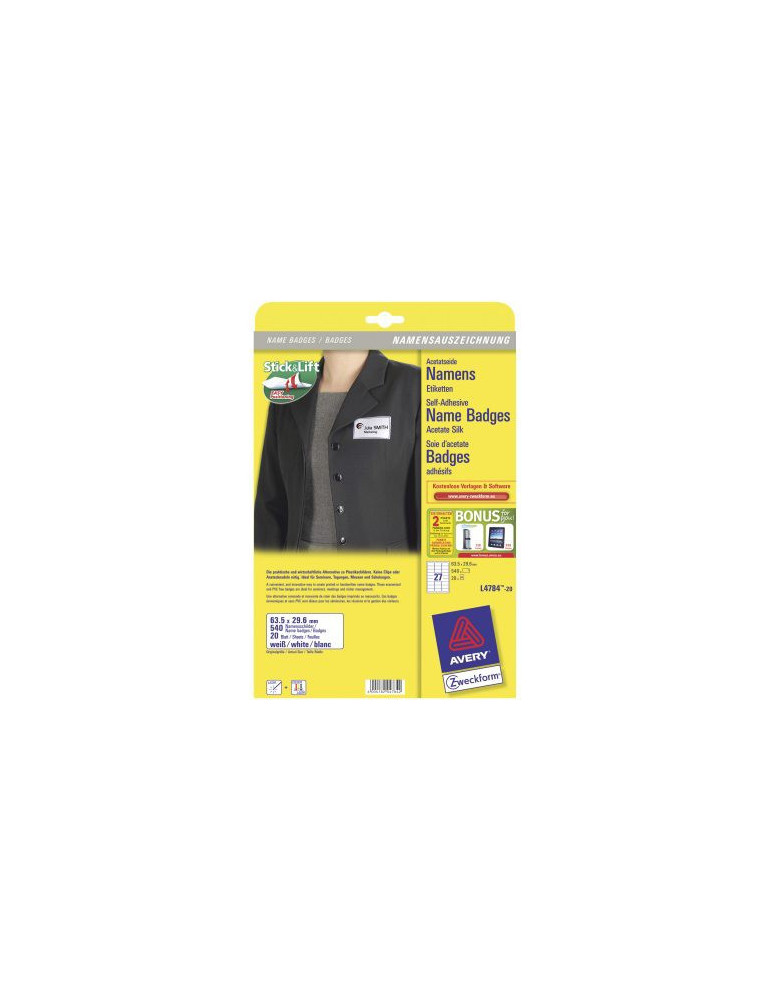 Badge etiket Avery 63,5x29,6mm wit doos 20 vel 27 et. per vel