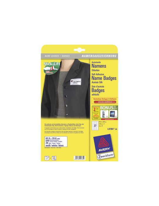Badge etiket Avery 63,5x29,6mm wit doos 20 vel 27 et. per vel