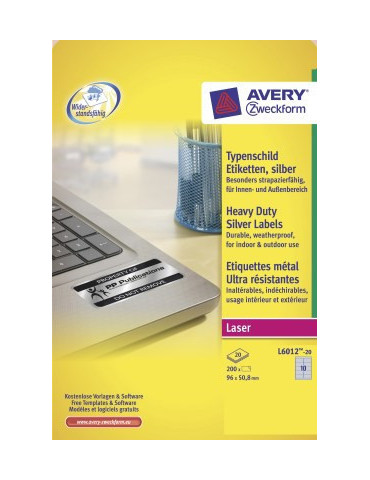 Laseretiket Avery 96x50,8mm zilver doos 20 vel 10 et. per vel
