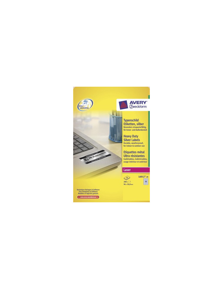 Laseretiket Avery 96x50,8mm zilver doos 20 vel 10 et. per vel