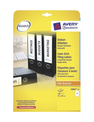 ordnerrugetiket Avery 192x59mm 25 vel 4 etiketten per vel wit