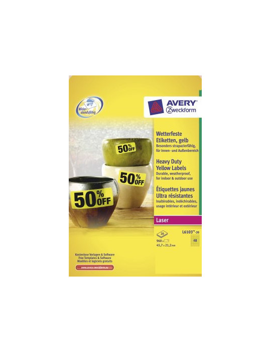 Laseretiket Avery 45,7x21,2 mm polyester geel doos 20 vel 48 et. per v