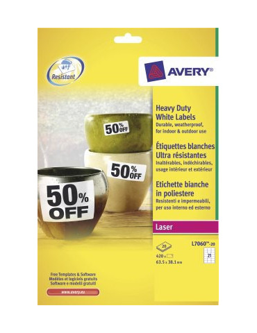 weerbestendig etiket Avery 63,5x38,1mm 20 vel 21 etiketten per vel