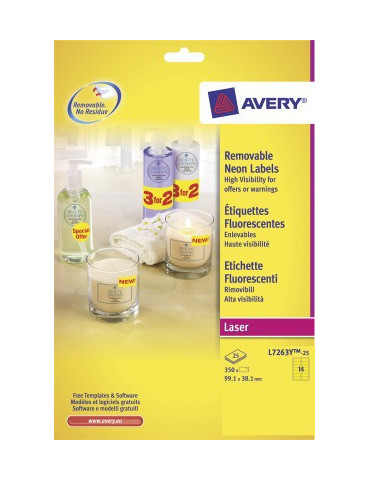 Adresetiket Avery 99,1x38,1mm neongeel doos 25 vel 14 et. per vel