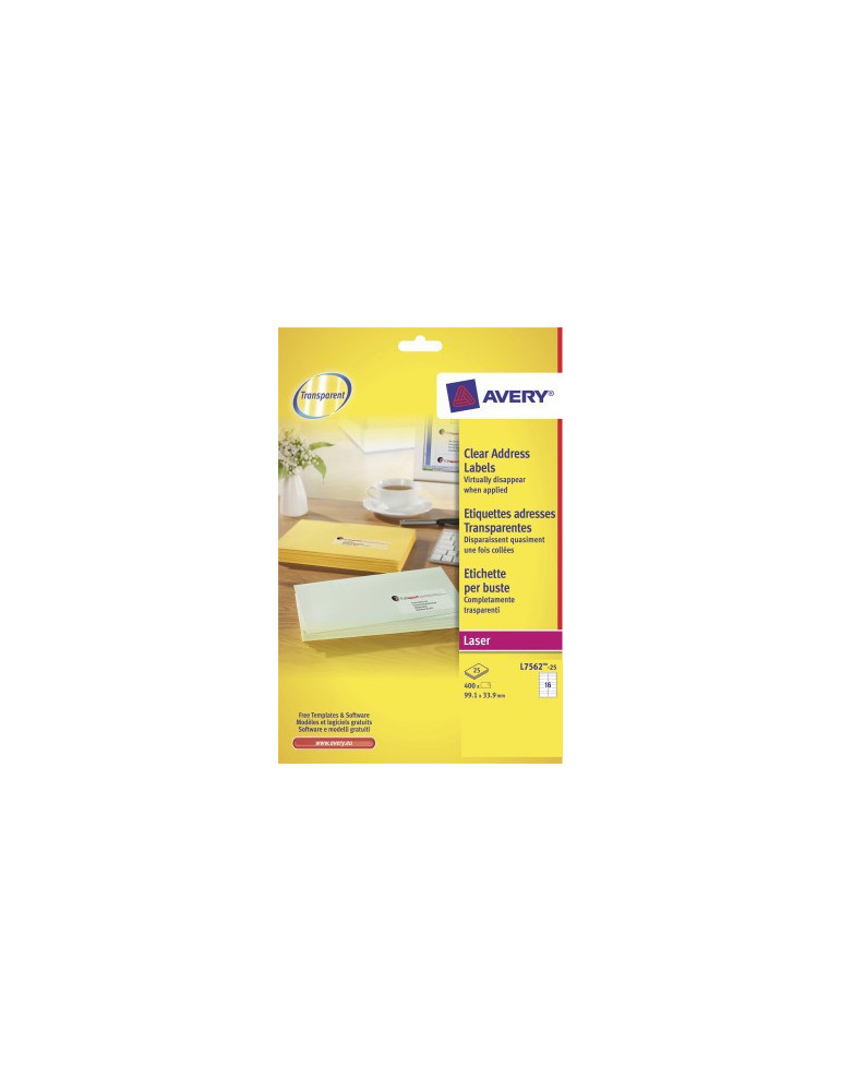 Laseretiket Avery 99,1x33,9mm transp. doos 25 vel 16 et. per vel