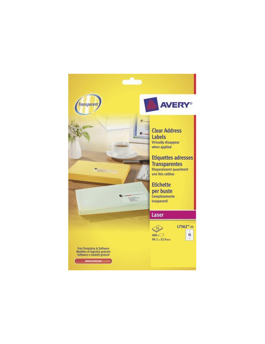 Laseretiket Avery 99,1x33,9mm transp. doos 25 vel 16 et. per vel