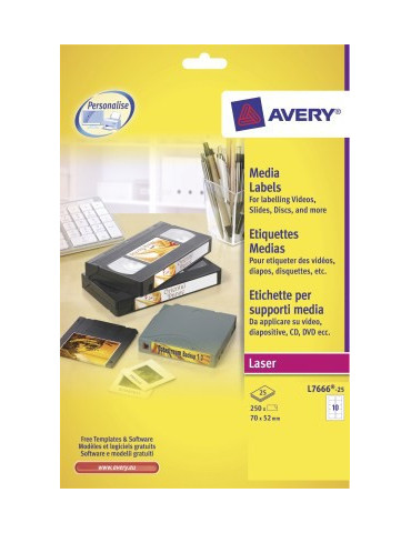 Laseretiket Avery 70x52mm wit doos 25 vel 10 et. per vel