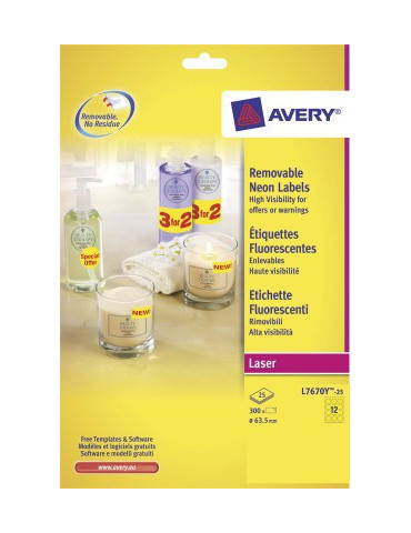 Laseretiket Avery rond 63,5mm fluorgeel doos 25 vel 12 et. per vel