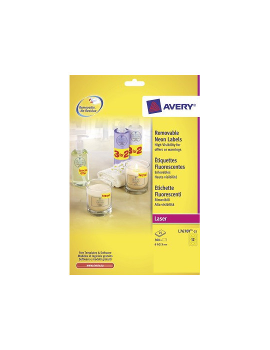 Etiquette laser Avery 63,5mm ronde fluorjaune 25 feuilles, 12 éts. par