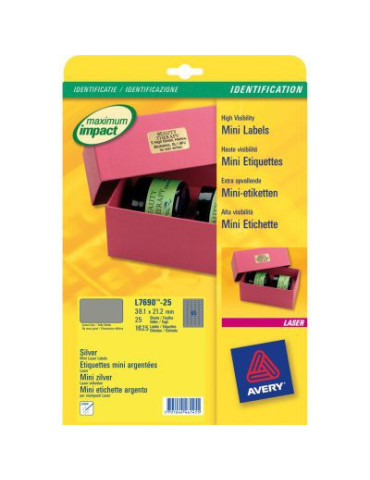 laseretiket Avery 38,1x21,2mm zilver 25 vel 65 etiketten per vel