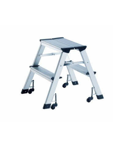 opstaptrapje Alco 2 treden 45cm. hoog, op wieltjes, aluminium
