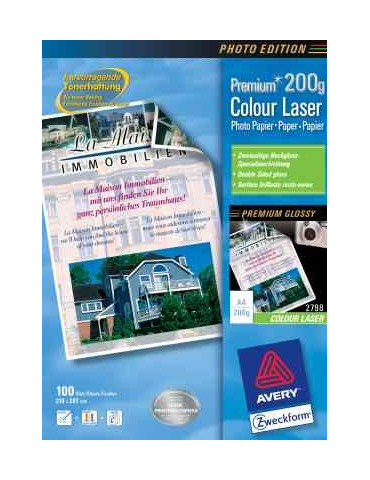 Kleurenlaserpapier Avery A4 wit 200gr hoogglanzend doos 100 vel dubbel