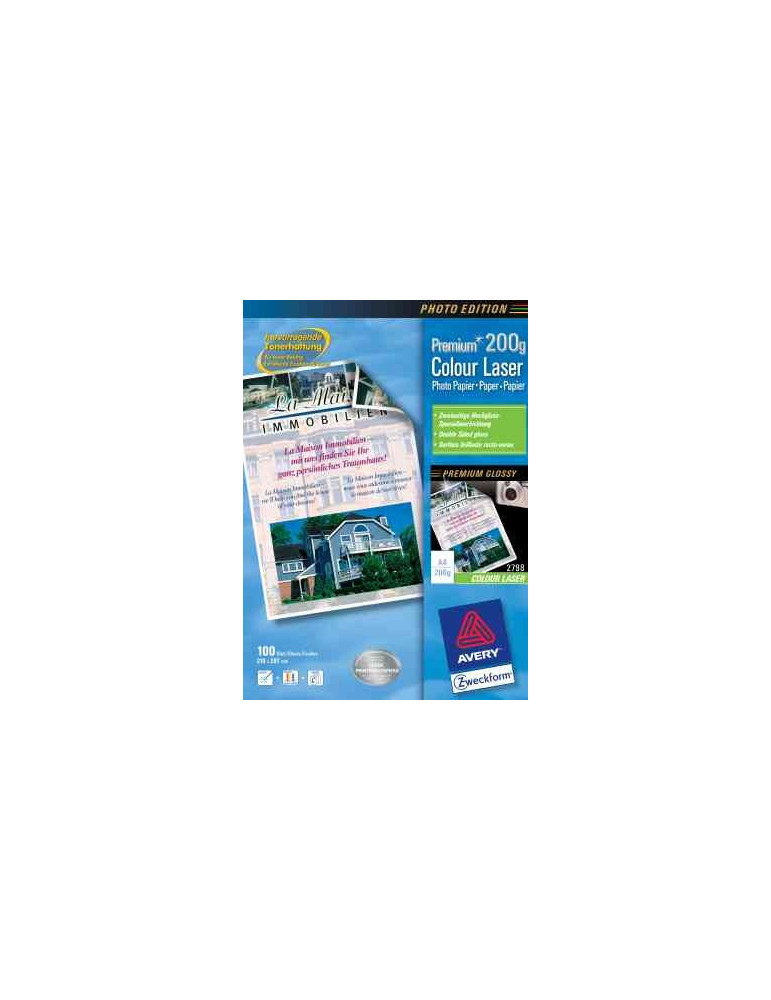 Kleurenlaserpapier Avery A4 wit 200gr hoogglanzend doos 100 vel dubbel