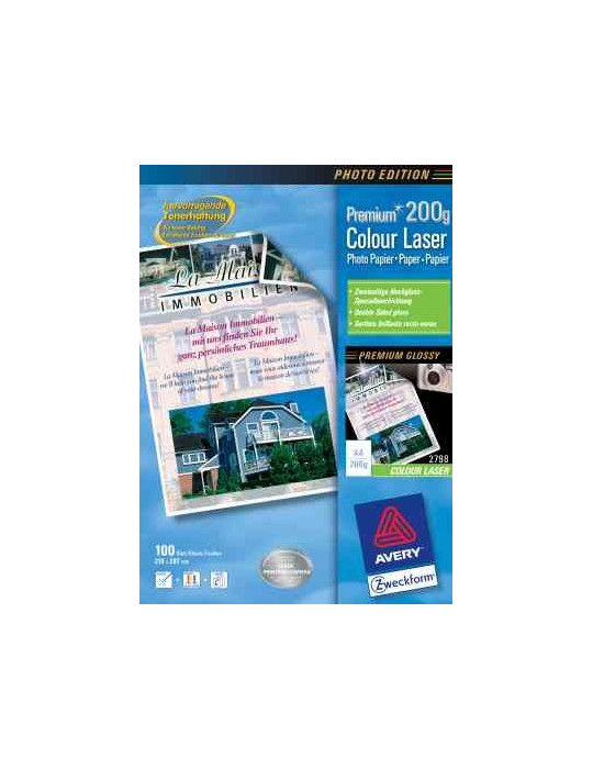 Kleurenlaserpapier Avery A4 wit 200gr hoogglanzend doos 100 vel dubbel